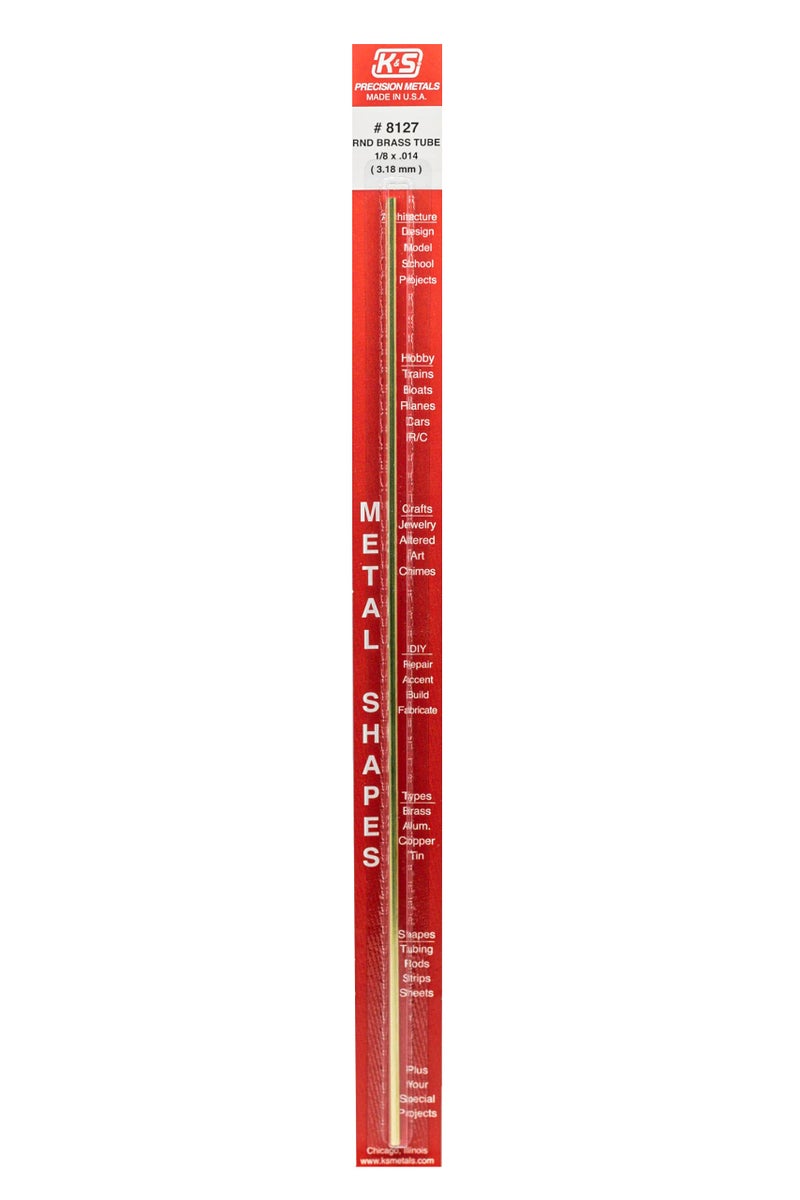 K & S Precision Metals K&S Precision Metals Round Brass Tube 8127 - 1/8" OD x 0.014" Wall x 12" Long - DIY Crafts, Plumbing, HVAC, Modeling, Made in USA - 1 Tube - Image 1